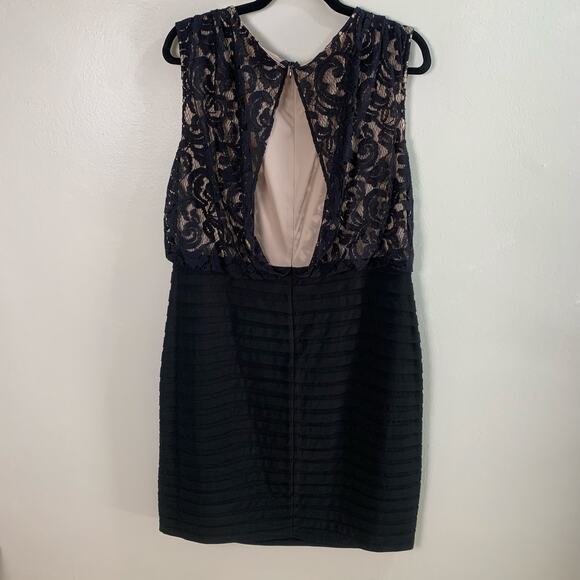 Adrianna Papell Plus Size 14W Drape Neck Banded Dress Black Lace Bodice Cocktail - Picture 3 of 12